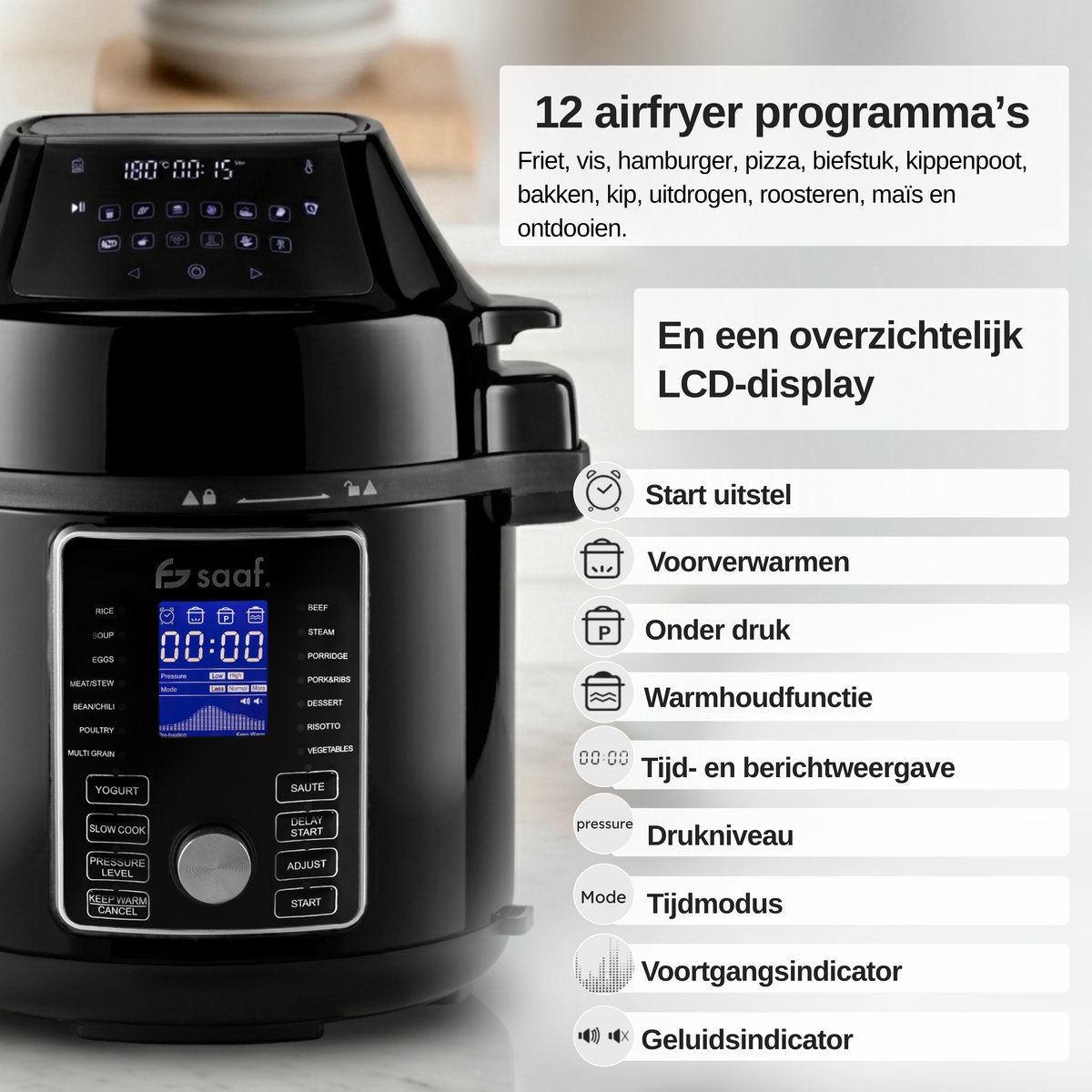 Multicooker Airfryer - 5.8L - PFAS vrij - Slowcooker met timer - Rijstkoker met stomer - Airfryer - Stomer - Snelkookpan - Saaf – foto 4