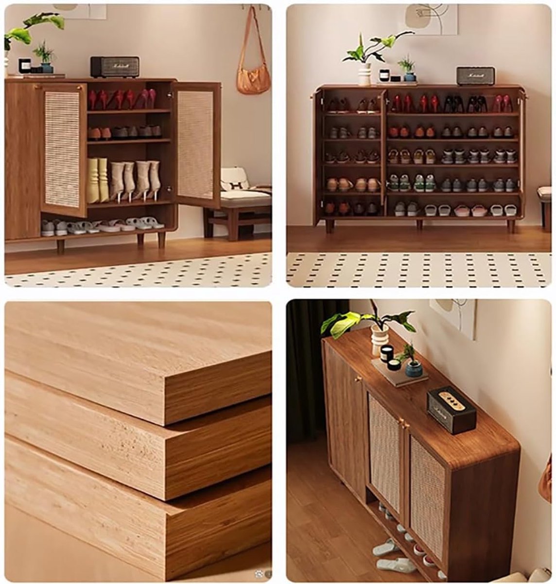 Schoenenkast Bamboe met 4 Deuren en Verstelbare Planken 120 x 35 x 113 cm – Hoge Smalle Schoenenkast voor 15-20 Paar Schoenen, Opbergkast met Vouwdeuren en 5 Niveaus – Mobili Bella