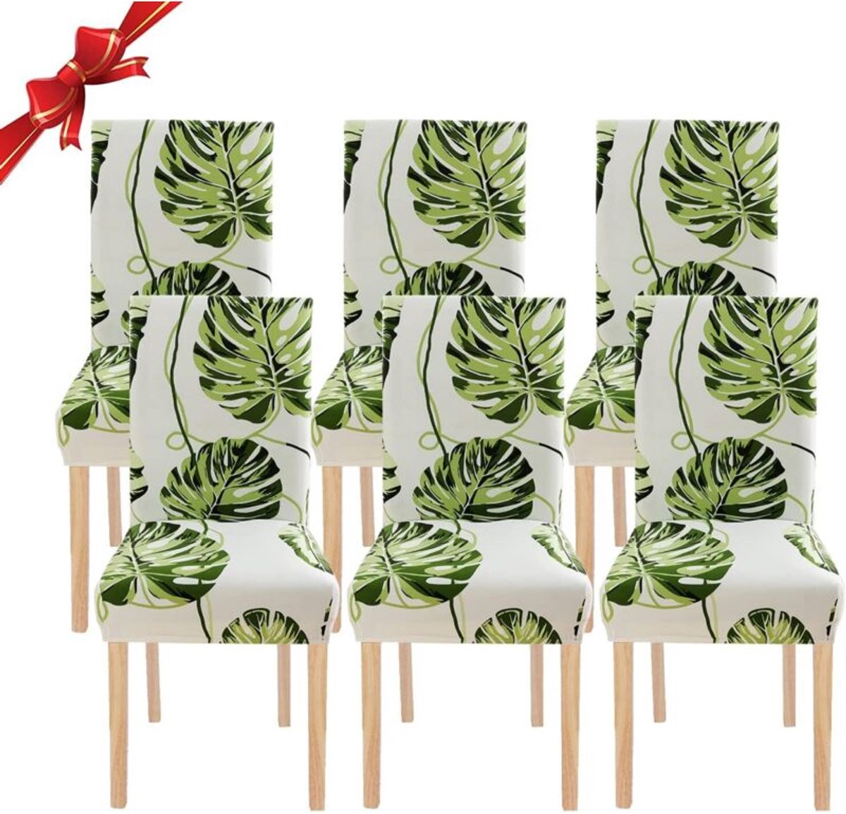 Set van 6 elastische stoelhoezen (groen bladpatroon), universeel, wasbaar, gemakkelijk schoon te maken, geschikt voor restaurants, hotels en eetkamers.