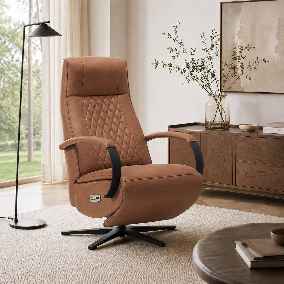 Relaxfauteuil Enzo – Elektrisch Verstelbaar – Micro Leder – Met Accu - 360° Draaibaar – 2 Motoren - Met USB-Poort – Cognac