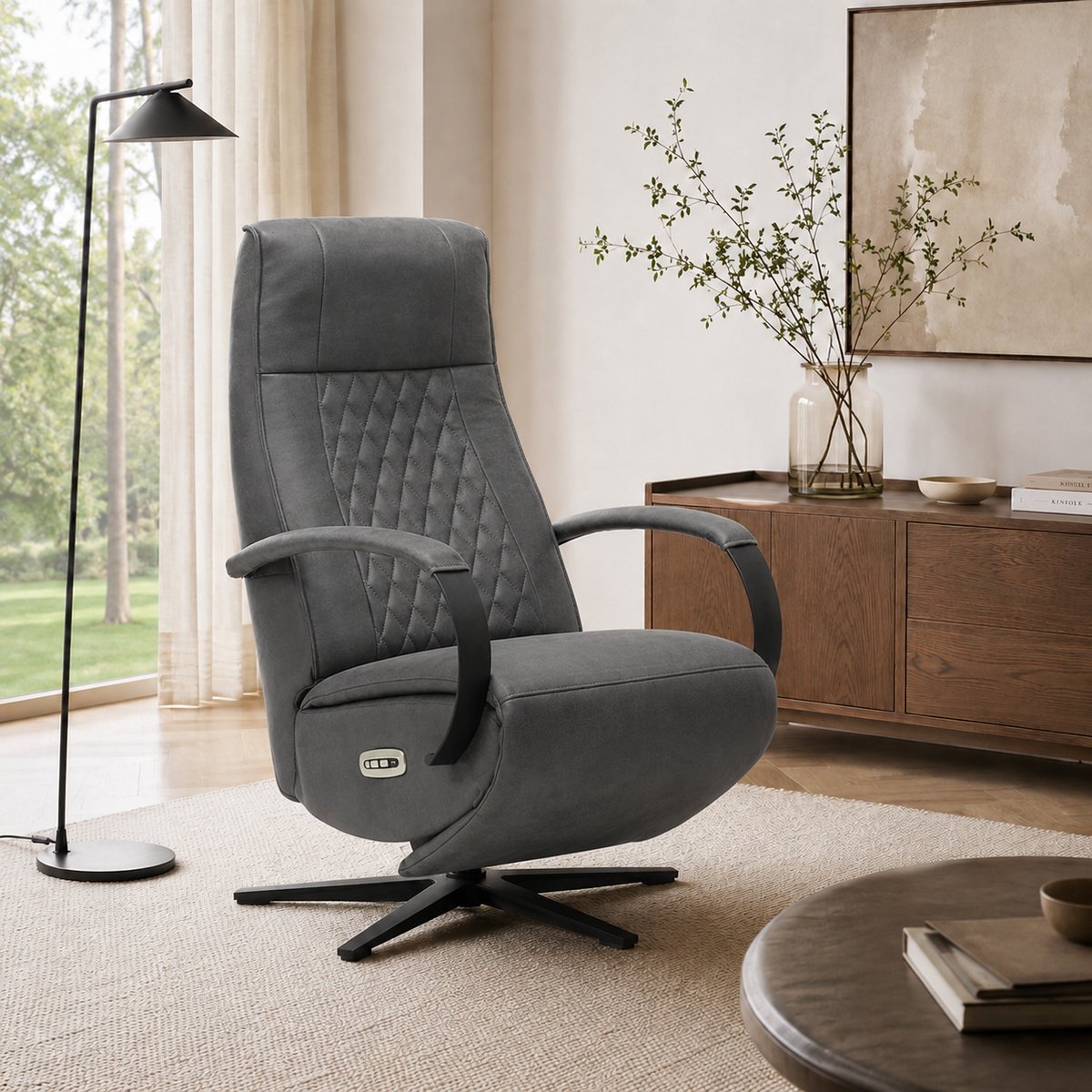 Relaxfauteuil Enzo – Elektrisch Verstelbaar – Micro Leder – Met Accu - 360° Draaibaar – 2 Motoren - Met USB-Poort – Antraciet