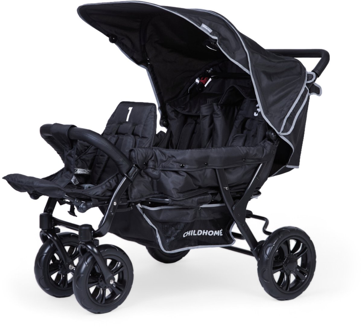 Childhome Triplet Kinderwagen – 3 Zitplaatsen – Zwart – Inclusief Regenhoes & Zonnekappen – 132x85x104 cm