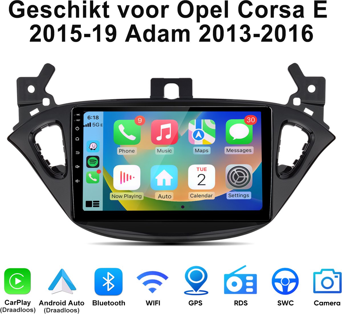 Junsun Andriod 15 Autoradio Geschikt voor Opel Corsa E 2015-2019 / Adam 2013-2016, Draadloze Carplay & Android Auto, 9 inch HD TouchScreen, GPS-navigatiesystem, Bluetooth, WIFI, Stuurwielbediening, FM & RDS, USB, 4GB+64GB, DSP, Octa-core processor