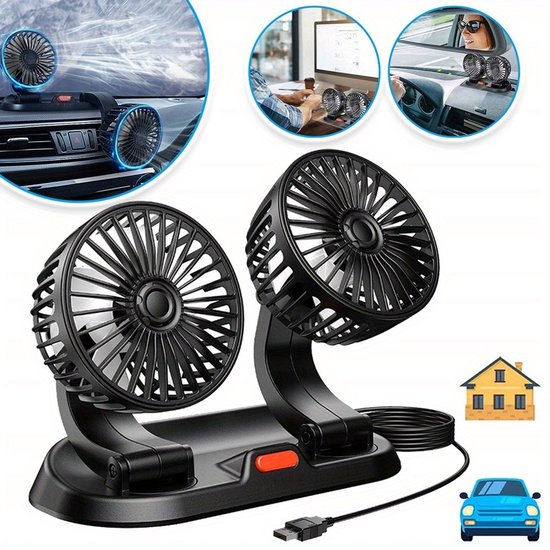 Verstelbare Autokoelventilator Met Dubbele Kop - Borstelloze Motor - 2 Snelheden 360 Rotatie - Voor Autodashboard - Krachtige Koeloplossing Voor Suv/Camper/Vrachtwagen/Sedan/Cruise/Kantoor - USB-Voeding (2-Kops 5V)