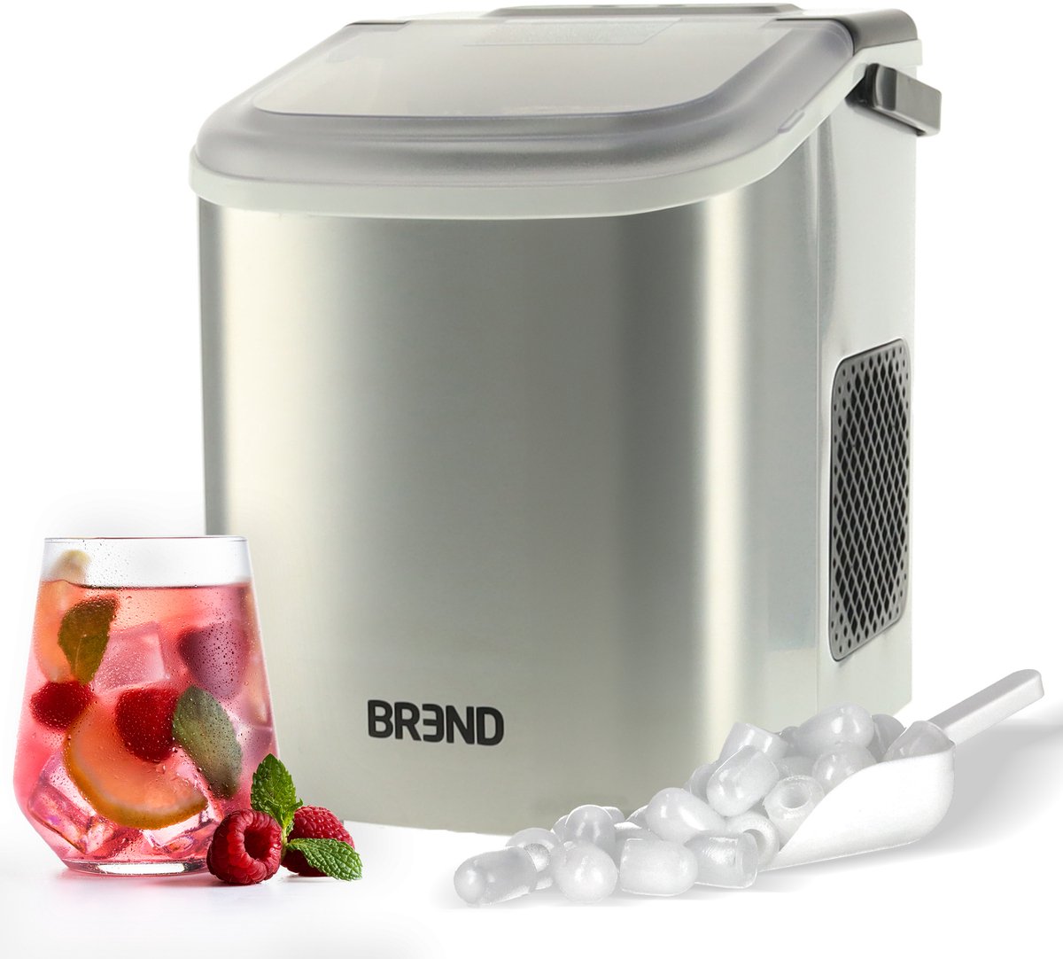 IJsblokjesmachine met Schep en Lekbak - Grote L of Kleine S Ijsklontjes - Draagbare IJsblokjesmaker – 10 kg in 24 uur - Zilver - BREND BR-2213