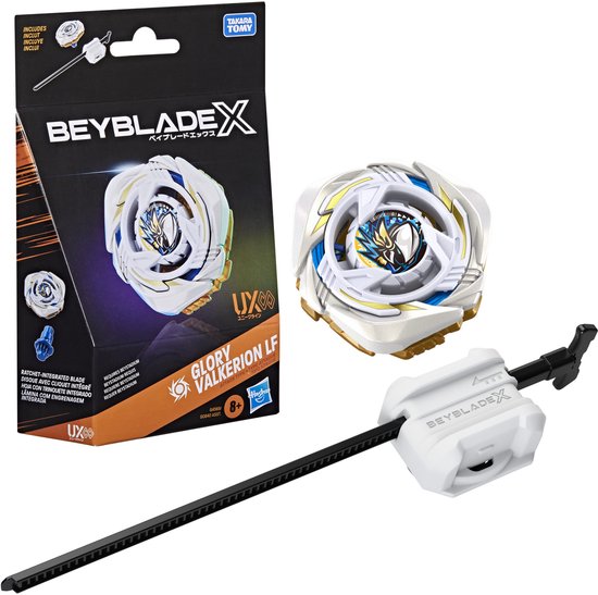 Verpakking van Beyblade X Glory Valkerion LF met de witte Beyblade en launcher.