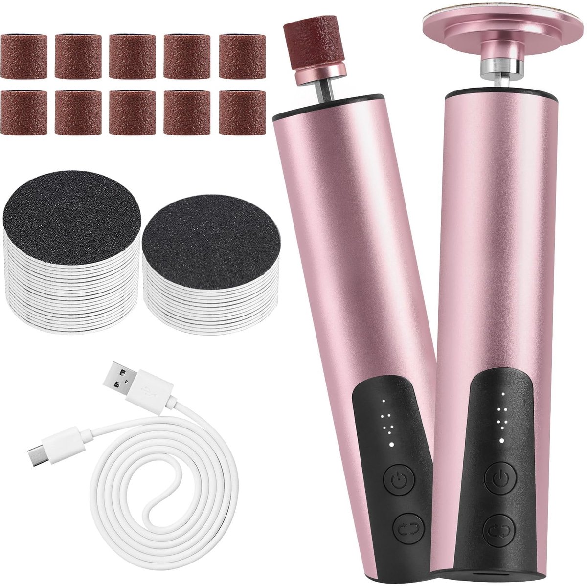 carmdering - Elektrische Voetvijl - Oplaadbare Voetvijl - Eeltverwijderaar - Roze, 2 slijpkoppen, 30 schuurschijven, 6 snelheden (0-11.000 RPM) - Aluminium behuizing - Voor voeten en nagels - Cadeau voor moeder en vriendin