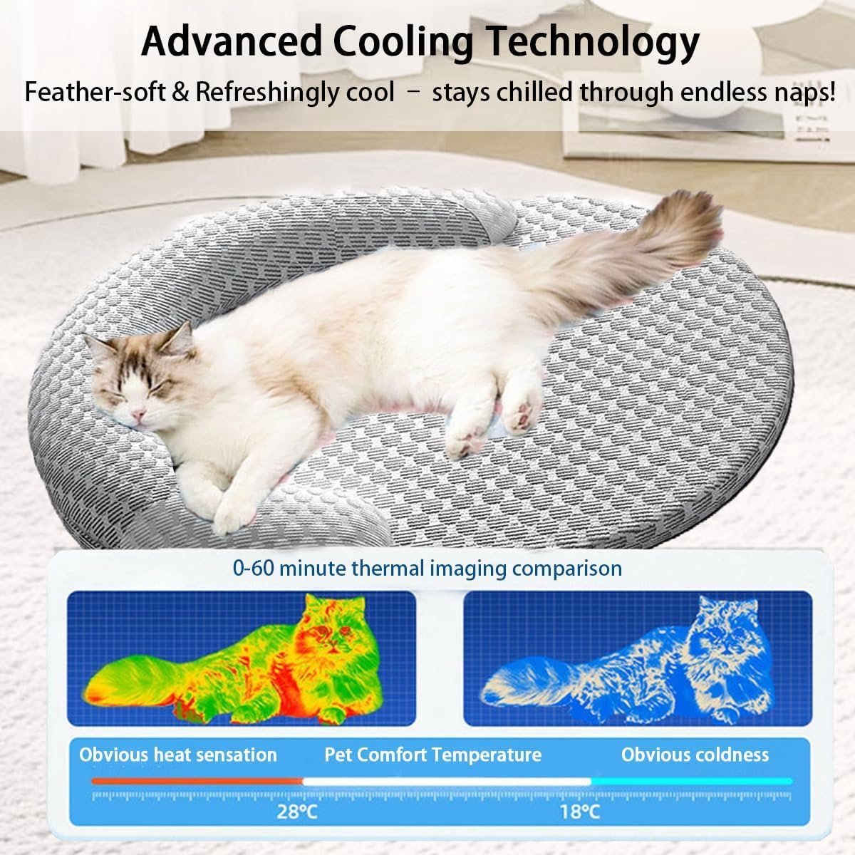OLOEY Zomers verkoelend kattenbed voor binnenkatten-orthopedisch hondenbed met nekondersteuning-ademend en wasbaar huisdierbed met antisliponderkant-Rustgevend knuffelbed voor katten-honden-puppy's en kittens-Grijs(M) – foto 5
