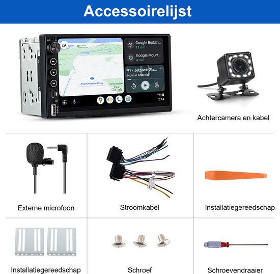 Lijst van meegeleverde accessoires: achtercamera, microfoon, stroomkabel, installatiemateriaal, schroeven en schroevendraaier.