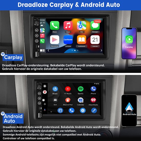 Scherm met draadloze CarPlay en Android Auto interface, en weergave van een smartphone met CarPlay.