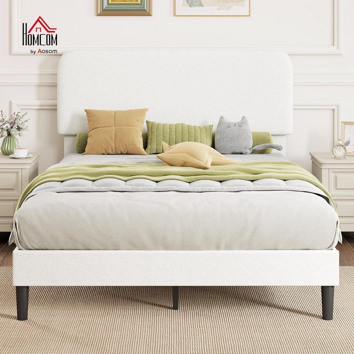 CloudNest Teddy Fleece Bed 140x200 cm – Modern Tweepersoonsbed met Verstelbaar Gewatteerd Hoofdbord, Metalen Frame met 12 Latten & 9 Poten, Geluidsarm Design, Draagvermogen tot 300 kg, Wit Design Bed