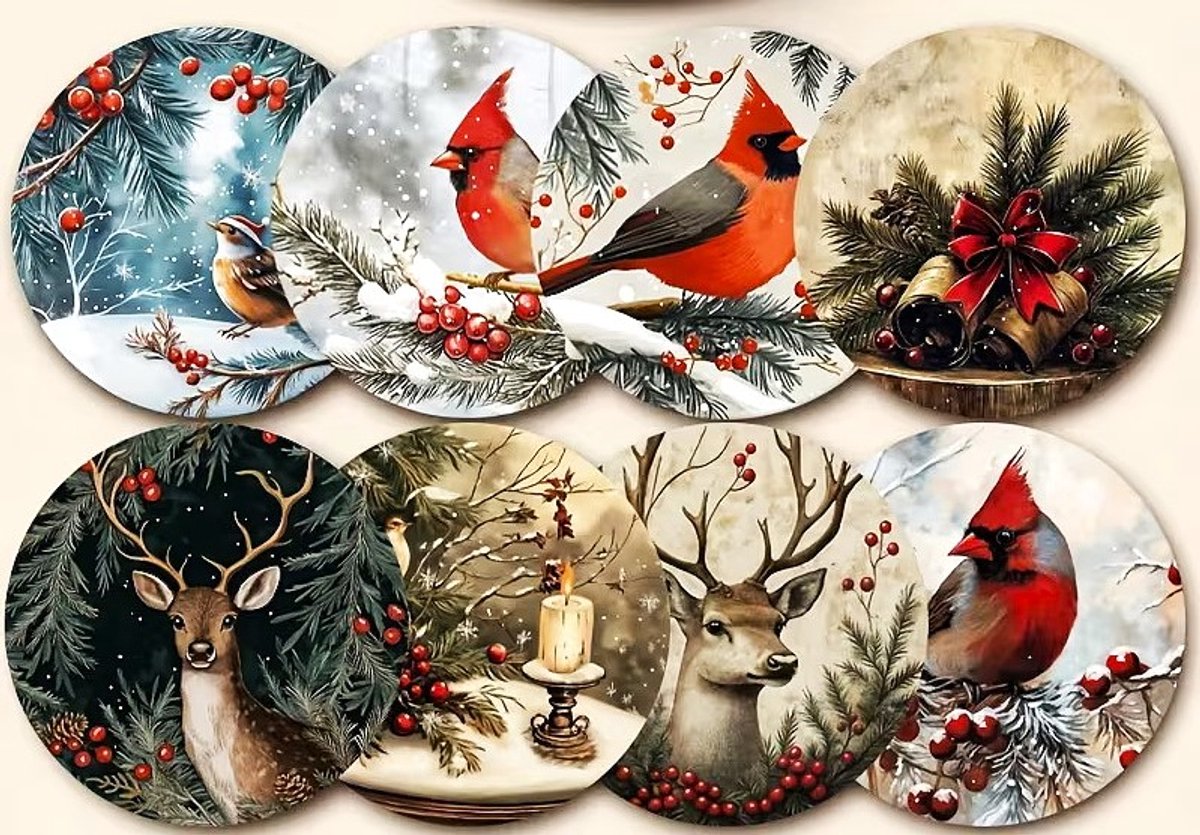 Set van 8 houten retro KERST onderzetters met vogels "Kardinaal vogel", hert (rendieren / ree), sneeuw, kerstboom, kaarsen, kerstdecoratie en dennentakken met rode bessen (glas onderzetter, bierviltje, cadeau idee voor Kerstmis!)