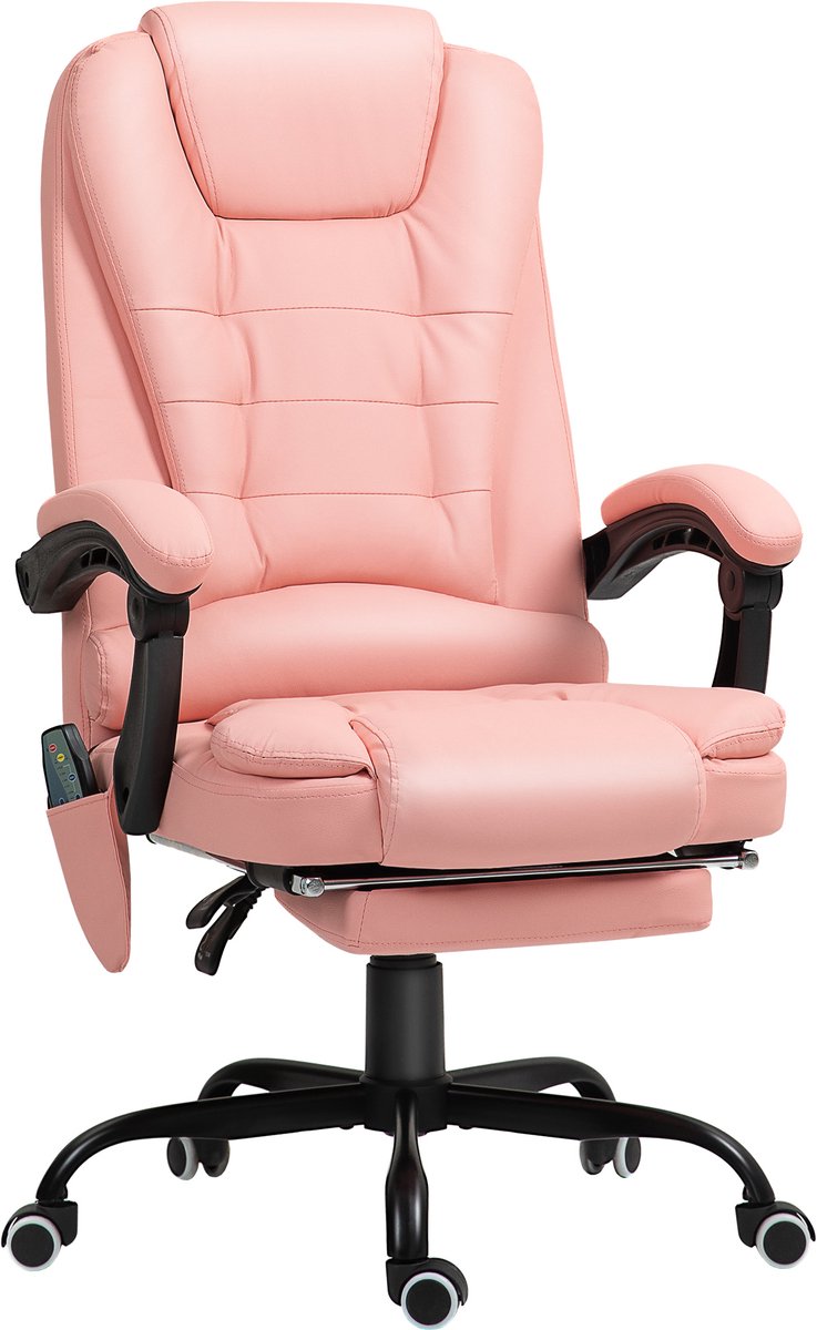Ergonomische Massage Bureaustoel Roze, 67x67x111-121 cm, Met 7 Trilmassagepunten (Rug en Zitvlak), Afstandsbediening, In Hoogte Verstelbaar, Ligfunctie 90°–155°, Uitschuifbare Voetensteun, Zachte Schuimvulling, 360° Draaibaar, Kantoor en Thuiswerk