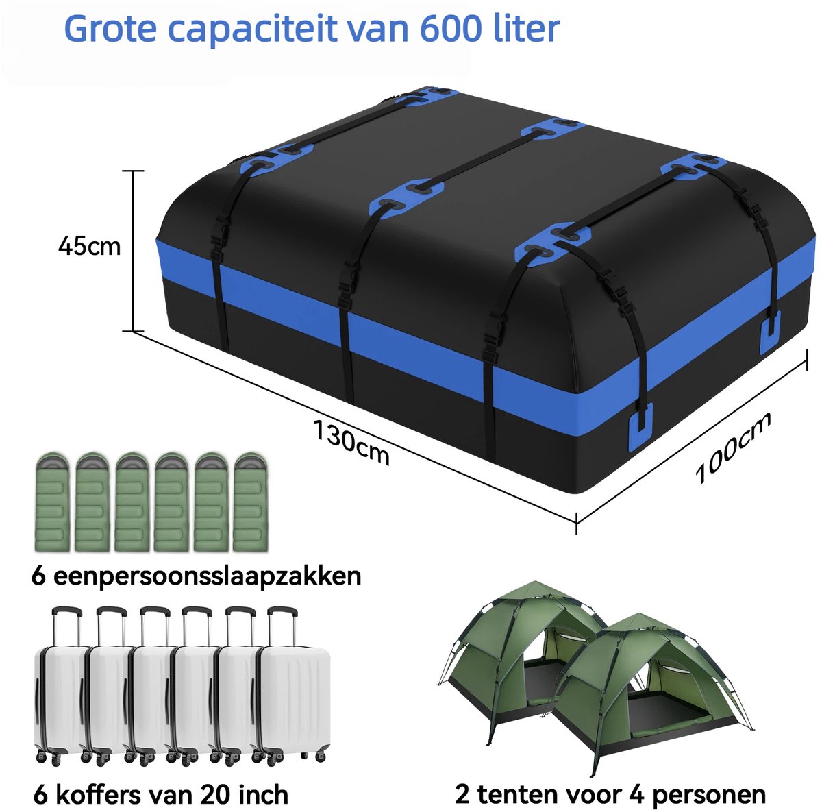 Puluomis - 600L Dakkoffer - Waterdicht - 500D PVC materiaal - 8 riemen - 6 haken - Geschikt voor alle voertuigen met/zonder dakdrager - Inclusief antislipmat - Zwart-blauw – foto 8