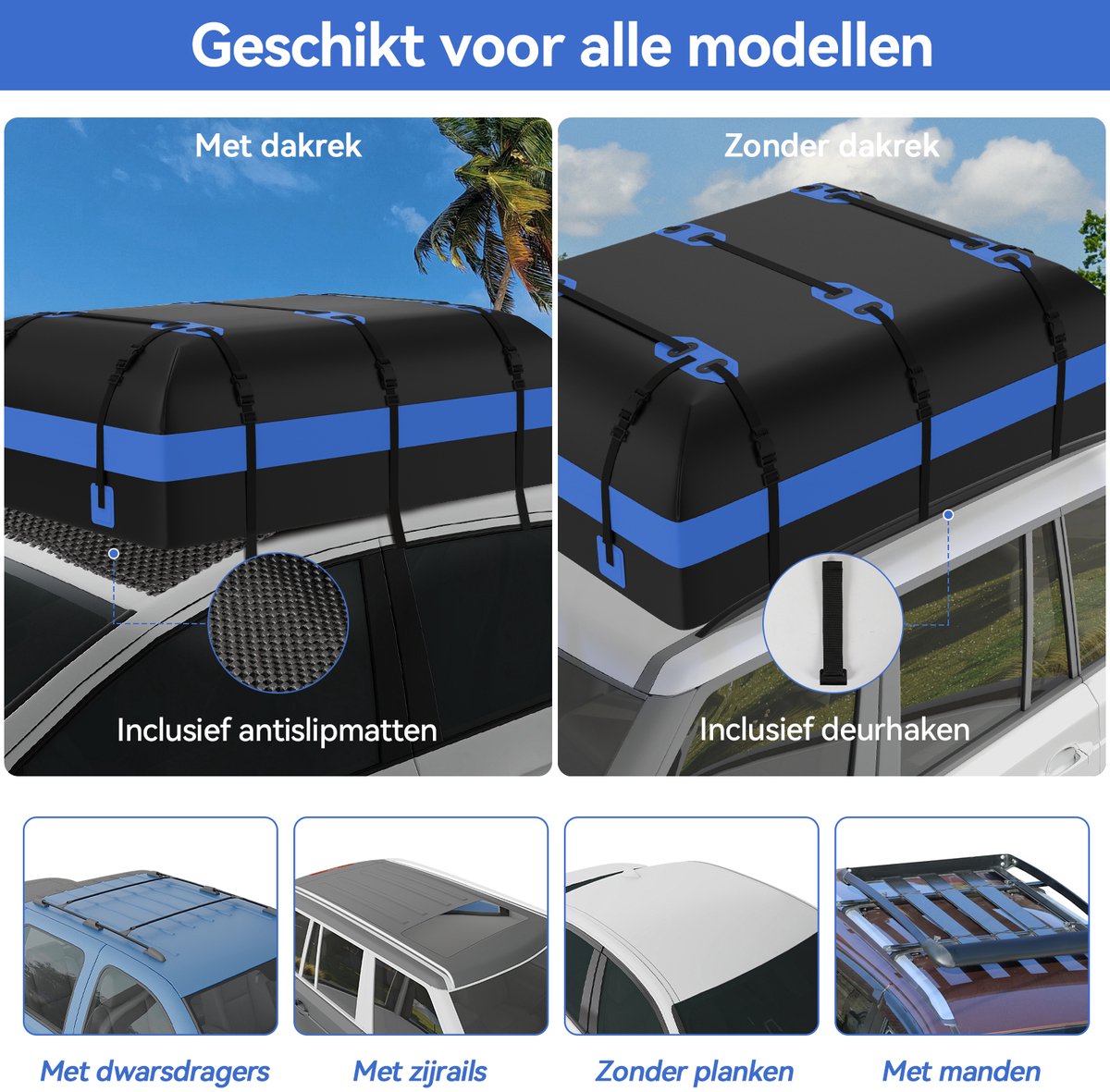 Puluomis - 600L Dakkoffer - Waterdicht - 500D PVC materiaal - 8 riemen - 6 haken - Geschikt voor alle voertuigen met/zonder dakdrager - Inclusief antislipmat - Zwart-blauw – foto 3