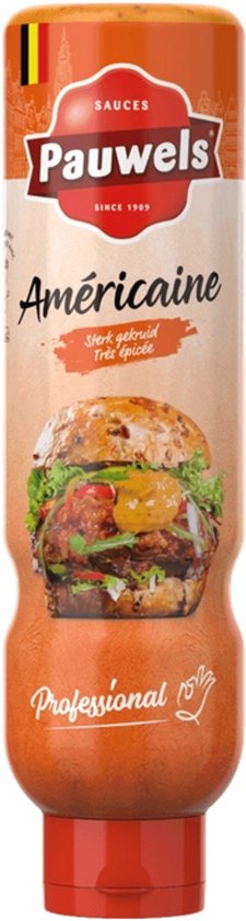 Pauwels Sauzen Americaine fles met een afbeelding van een burger. Sinds 1929.