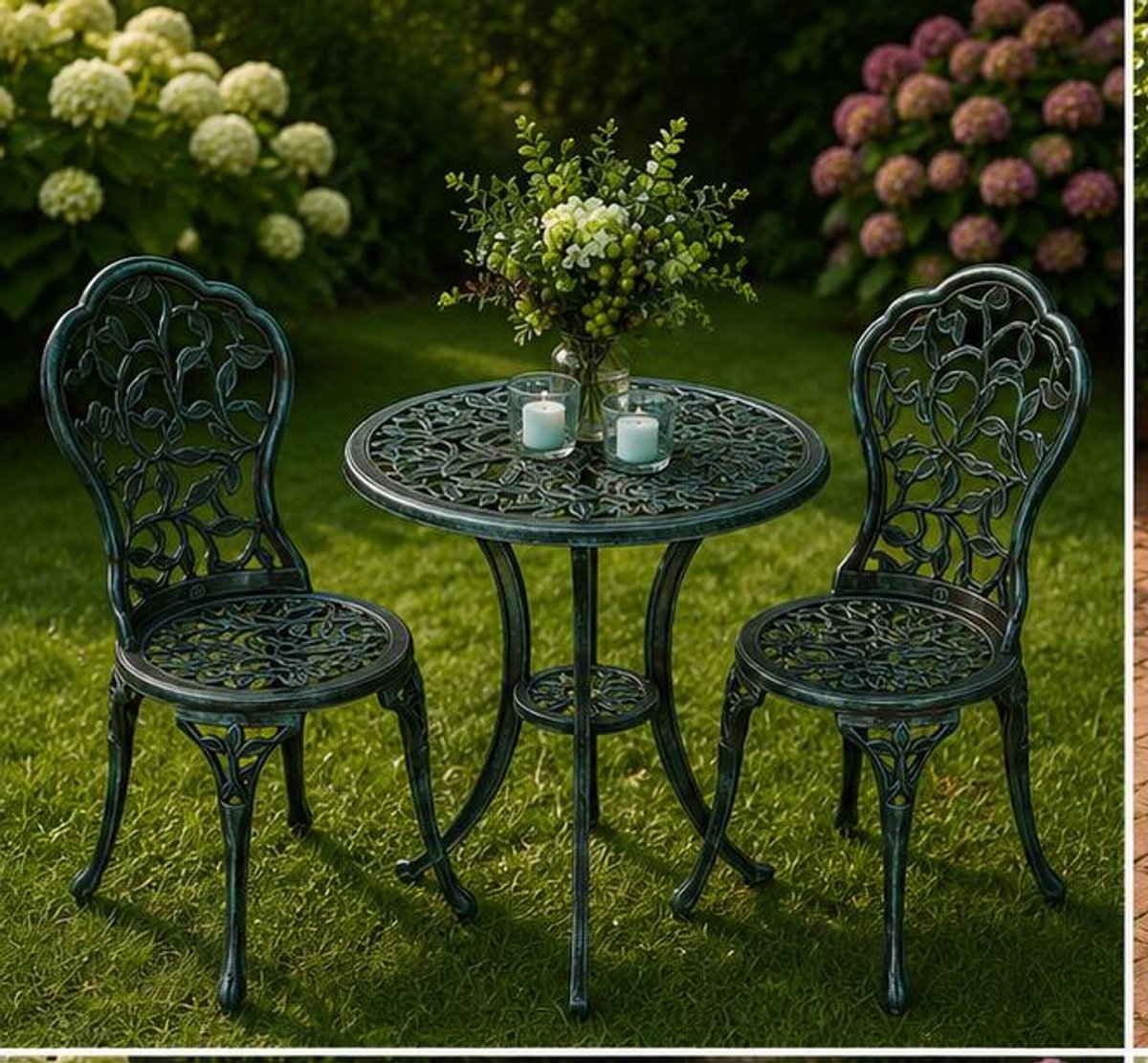 Bistroset Metaal 3-delig – Tuinset met 2 Stoelen en Tafel, Weerbestendige Balkonset voor Tuin, Terras, Balkon en Veranda, Antiek Wit – Mobili Bella