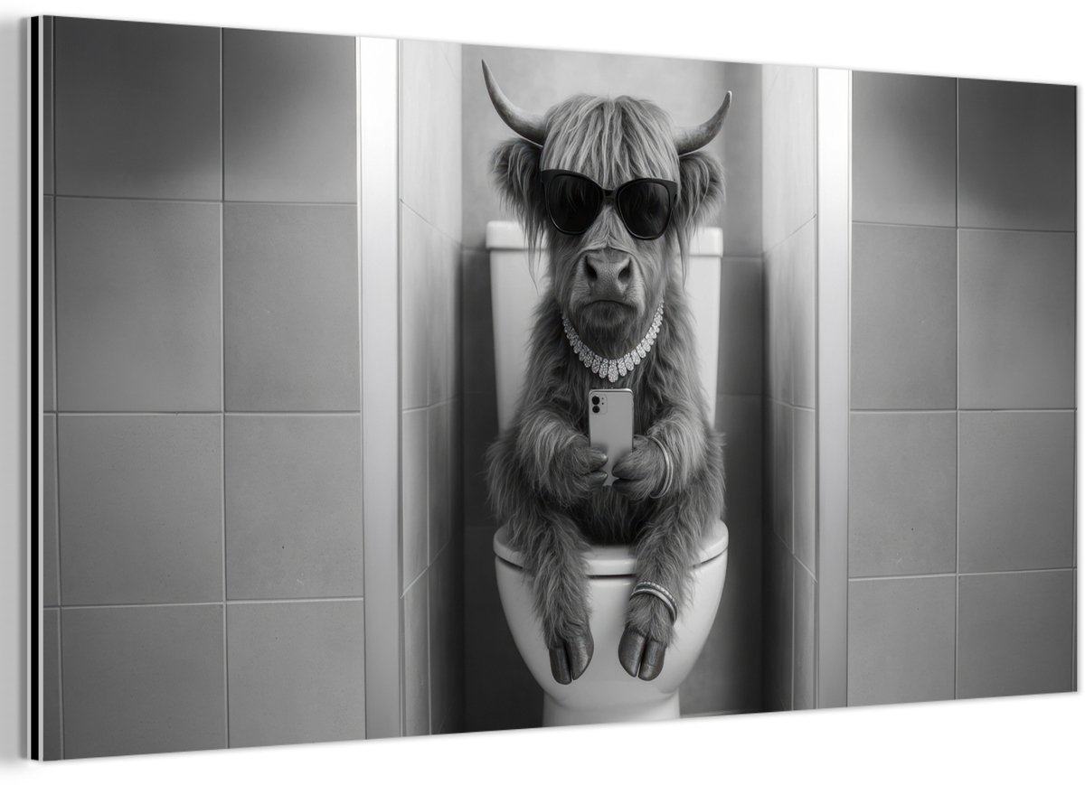 Aluminium schilderij 120x60 cm - Wanddecoratie metaal - Stier - Telefoon - Toilet - Zwart
