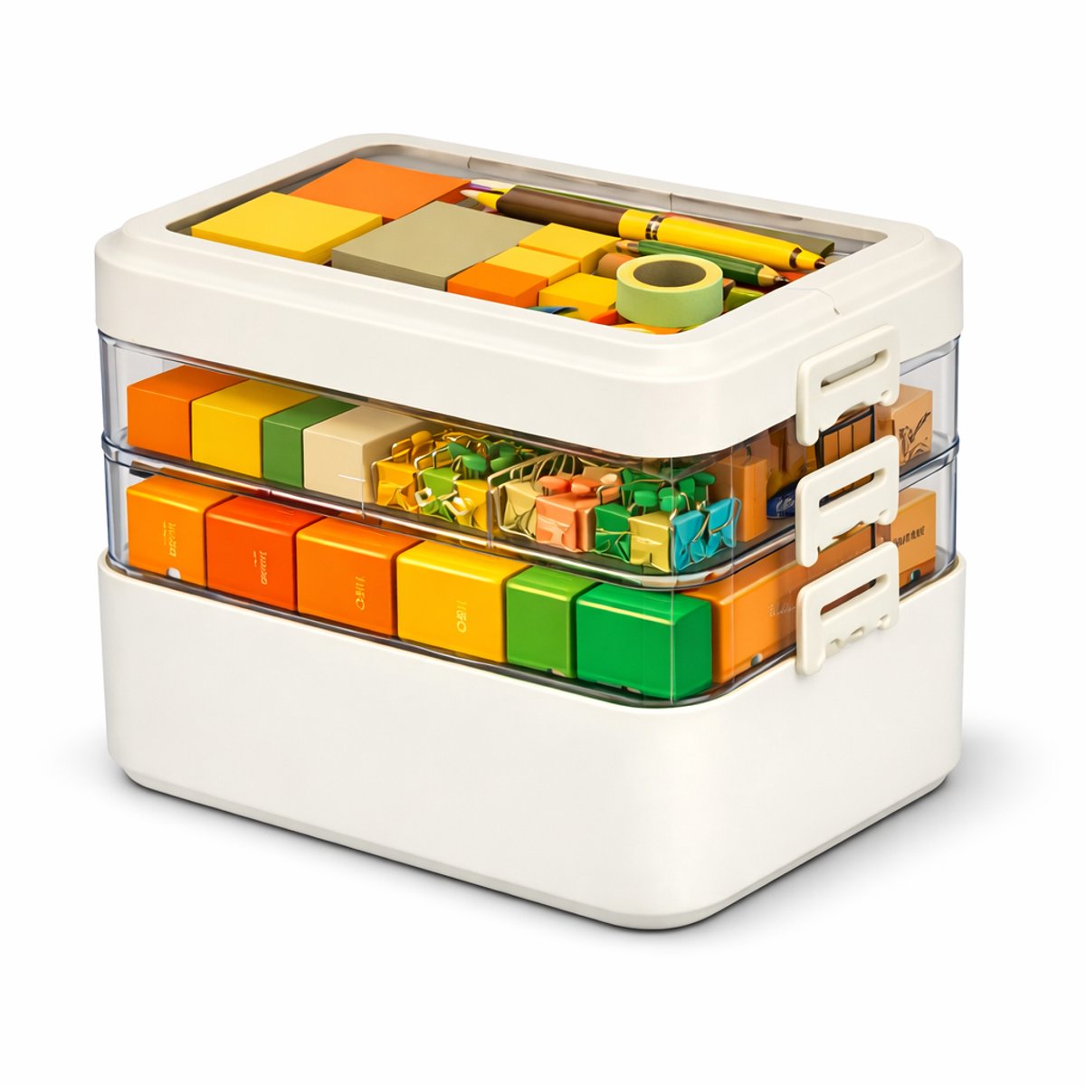 Sterke stapbare Opbergbox - 4 lagen - Om allerlei spullen te ordenen - Multifunctioneel - Transparant Deksel - Dubbele Handgreep - Clipsluiting - 12 liter - Offwhite - Sterk Materiaal - Stapelbare opbergdoos - Organizer - Opberger - Sorteerdoos