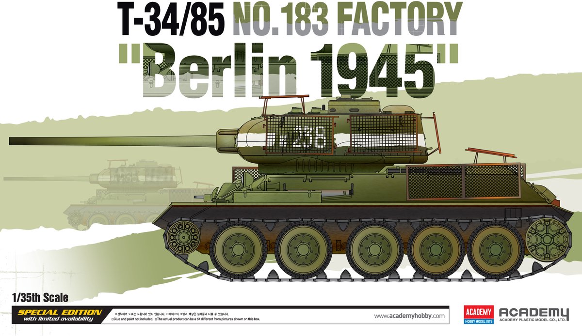 Academy Modelbouwpakket Militaire voertuigen - 13295 T-34/85 No.183 Factory WWII - Berlin 1945 - Russische Tank Plastic - 1:35 - Modelbouw
