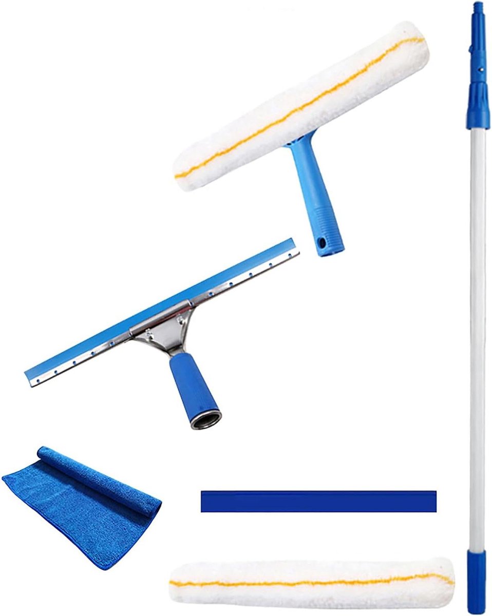 Douche wisser - Glas reiniger - Ramen schoonmaken - Telescopische steel - 35 cm blad - Blauw