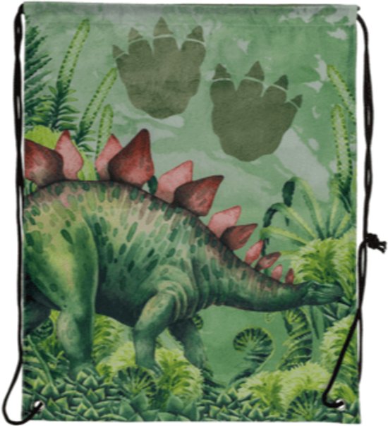 Groene gymtas met een Stegosaurus-opdruk in een jungle-omgeving. Met voetafdrukken boven de dinosaurus.