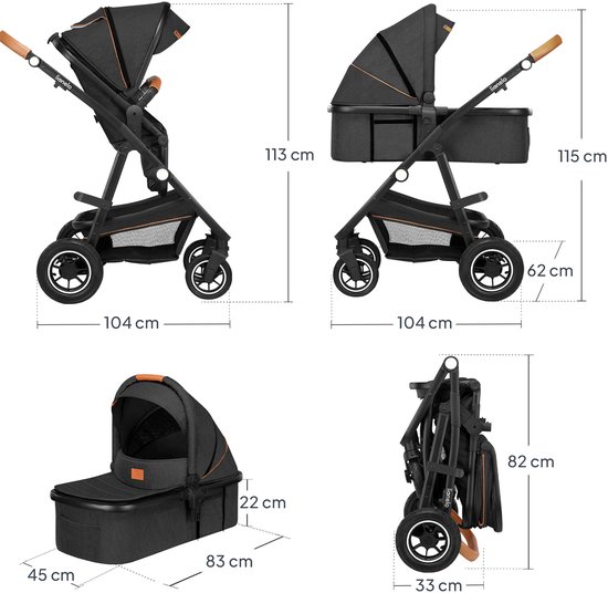 Lionelo Amber Kinderwagen 3 in 1 - Reiswieg + Buggy + Autostoel - Luchtbanden, Volledige Vering - Comfortabel baby matras - Snel Inklapbaar - Luiertas - Regenhoes - Muskietennet - Vanaf Geboorte tot 4 jaar (0-22 kg)