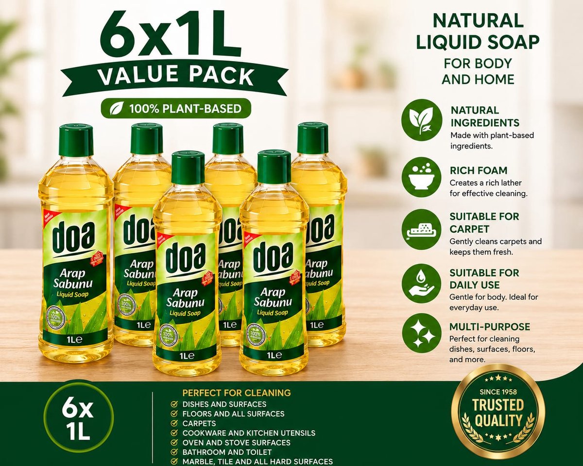 DOA Arab Soap Liquid Cleaner Arap Sabunu – 6 x 1L Value Pack – 100% Plant-Based Multi-Purpose Natural Soap – Home & Floor Cleaner