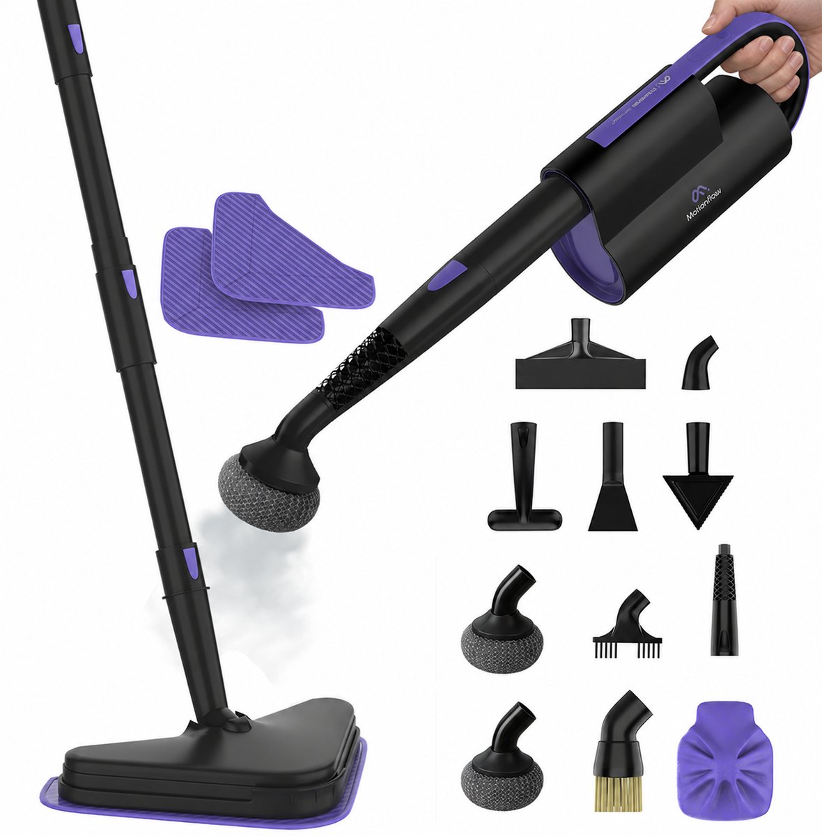 Motionflow 16-in-1 Stoomreiniger - Handstomer voor diepte reiniging vloer, bank, badkamer en tapijt - Elektrische Dweil - Stoomdweil - Tapijtreiniger en Vlekkenreiniger - Steam Cleaner Zwart