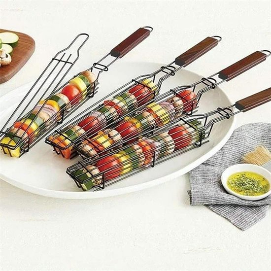 BBQ roosterkorf met houten handvat, grillmand voor spiesjes, sluitmechanisme, voor barbecue van BBQ+ — afbeelding 2