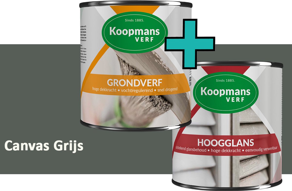 Koopmans Grondverf en Hoogglans Lakverf - set geschikt voor hout en metaal – Canvas Grijs – 2x – 1,5 l