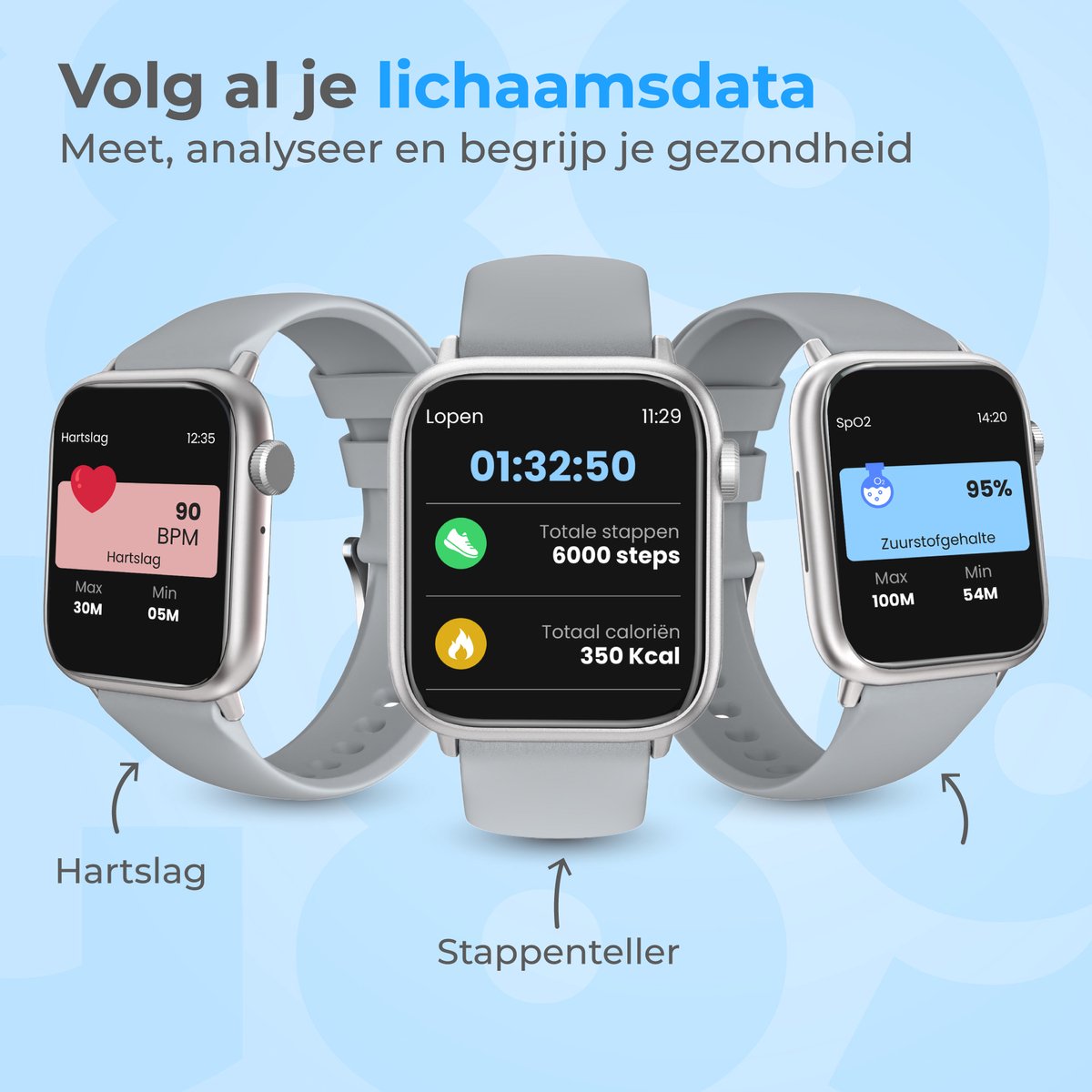 Nuvance - Smartwatch Heren & Dames met Bluetooth - 45mm - Geschikt voor alle Smartphones - Stappenteller & Hartslagmeter - Grijs – foto 7