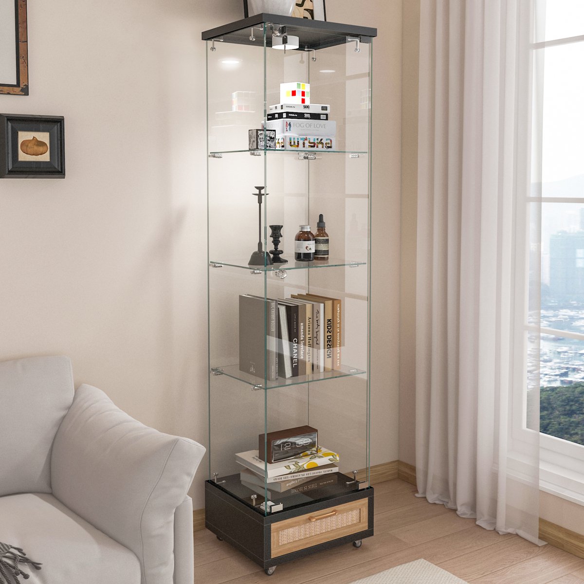 MIVRAY Vitrinekast - Met Ledverlichting En Laden - Voor Woonkamer En Slaapkamer - Glas En MDF - Zwart - 167x42,5x36,5 Cm