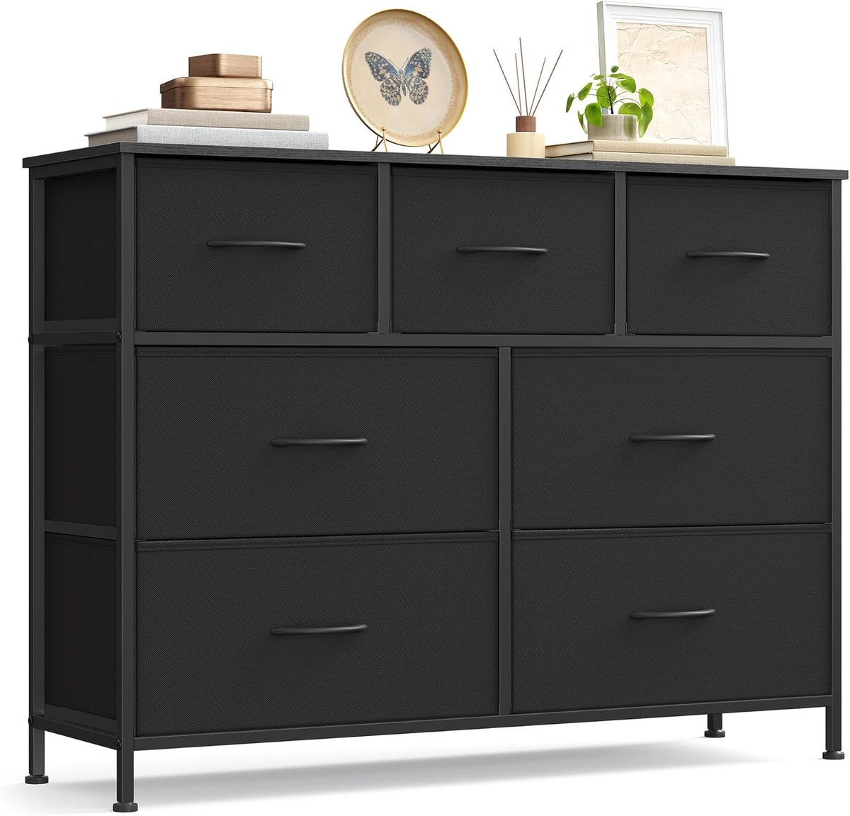 Commode 7 Laden 74x99x30 cm Opbergkast met Stoffen Laden Metalen Frame en Houten Blad Moderne Slaapkamer Kast Zwart Urbanhome