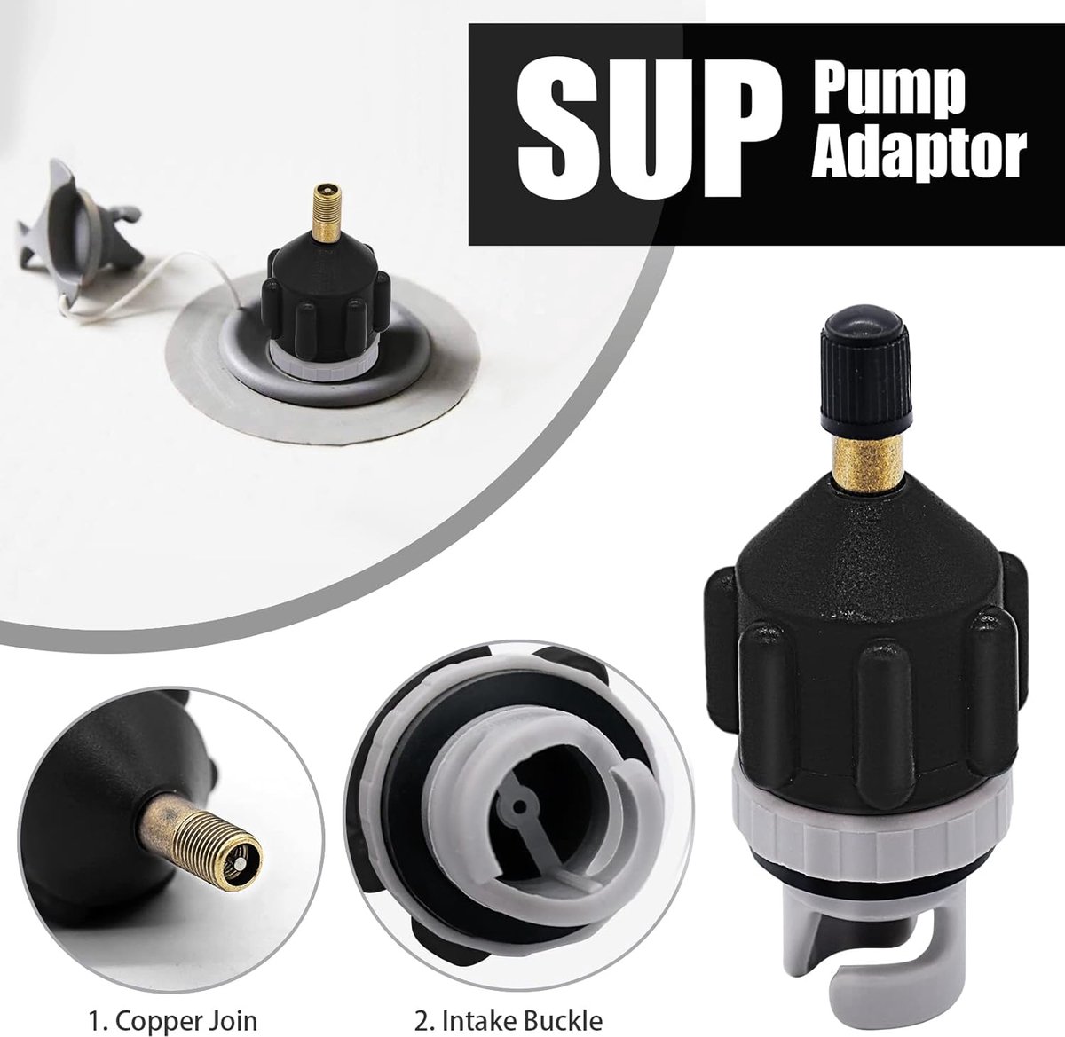 2-delige opblaasbare Stand-Up Paddle Board (SUP) pompadapter - Paddle Board ventiel naar kajak ventiel adapter - Auto pomp inflator adapter - Zwart – foto 6