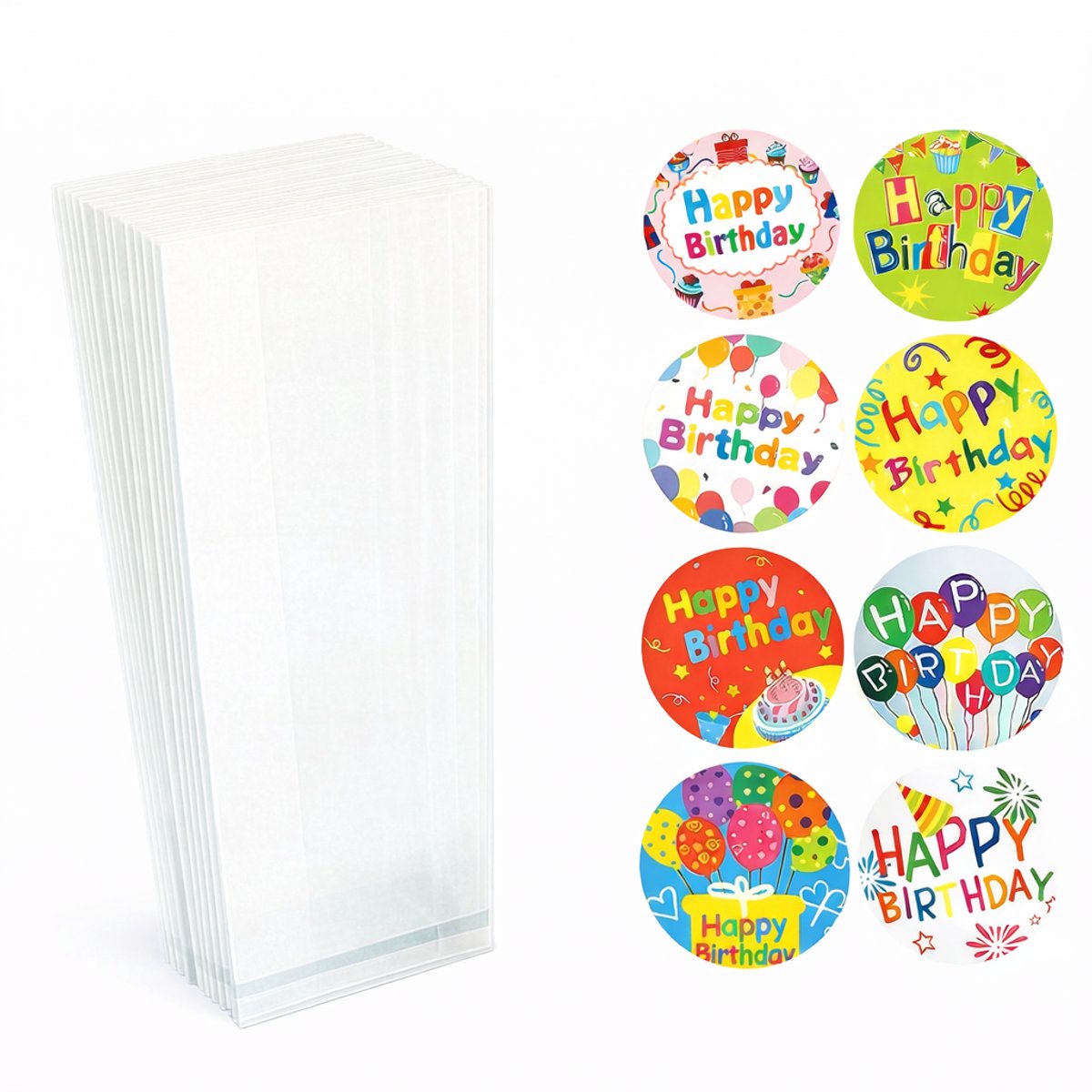 25x Uitdeelzakjes met Happy birthday div. stickers | 220 x 90 mm | Traktatiezakjes | Kinderfeestje | Cellofaanzakjes | Cadeauzakjes | Snoepzakjes | Plastic Zakjes | Uitdeelzakjes kinderen | Cadeauzakjes Kinderen | Verpakkingszakjes Uitdeelcadeaus