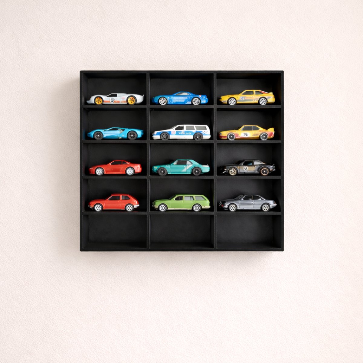 HuubSolutions Speelgoedauto Houder – 15 Vakken – Kunststof Modelauto Display – Organizer voor Auto’s – 29,5 x 29,5 cm