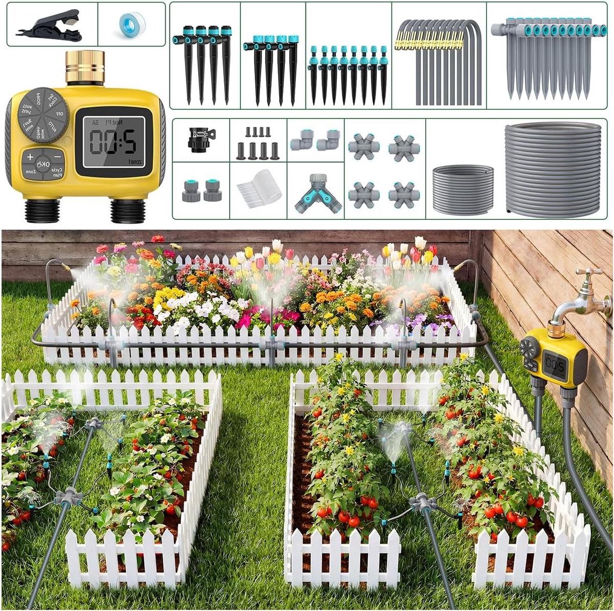 Automatisch Bewateringssysteem - Druppelset Tuin - Planten Zelf Water Geven - Twee Uitgangen Timer - 40 Meter Slang - Geel