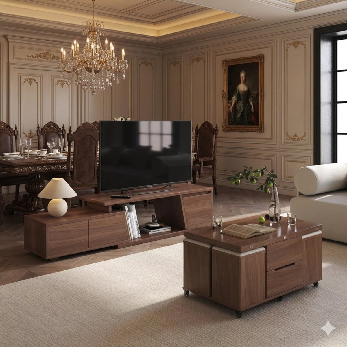 TV Meubel Uitschuifbaar 180–280 cm – Modern TV Meubel met 3 Lades, Walnoot Houtlook, Kabelmanagement & Grote Opbergruimte, Geschikt voor 120 inch TV – Urbanhome
