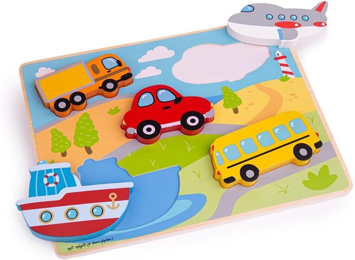 Houten Puzzel - Vormen Sorteerder - Vroege Ontwikkeling - 5 Transport Vormen - 5 Stukjes - Multicolour
