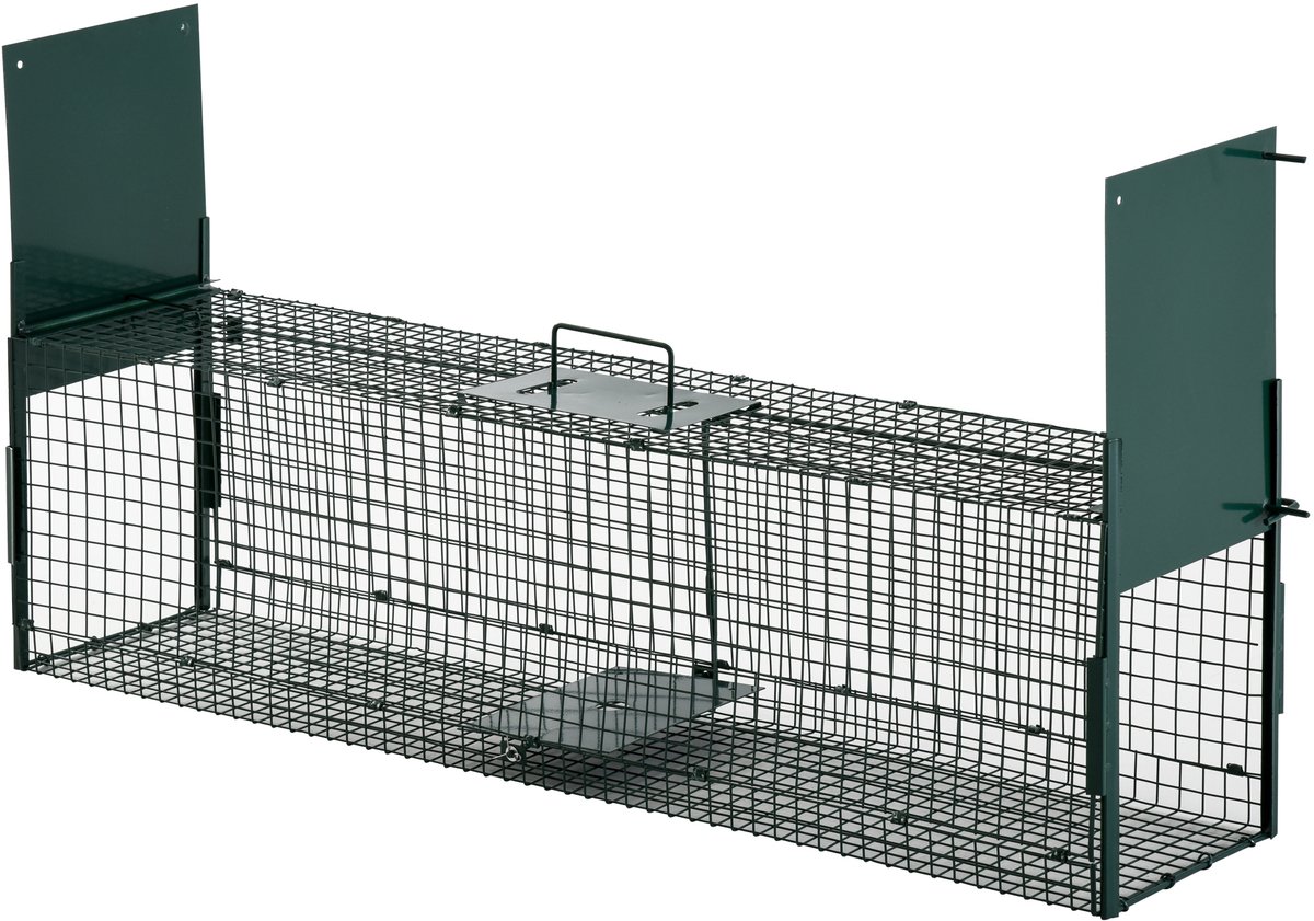 Killogood PawHut Levend Valkooi 100 x 25 x 28 cm Val voor Steenmarter - Ratten - Muizen - 2 ingangen + handgreep - metaal groen