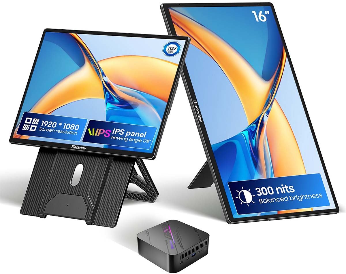 Blackview MP100 Mini PC & Table 9 Draagbare Monitor - AMD Ryzen™ 5 7430U - 16 GB DDR4 RAM - 256 GB M.2 SSD - Windows 11 Pro - Tot 4,3 GHz - WiFi 6 - 4K UHD - BT 5.2 - Microcomputers voor thuis - gaming - kantoor - Zwart