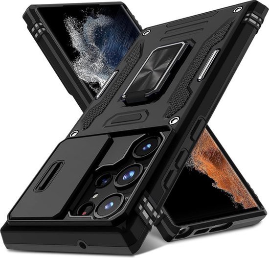Samsung Galaxy S26 Ultra hoesje zwart – anti-shock TPU case met harde buitenkant, kickstand, camera- en hoekbescherming, inclusief screenprotector