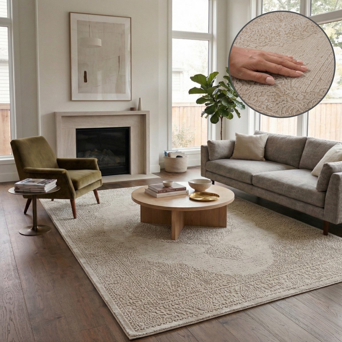 Oz Home Elyse Vloerkleed Taupe - Modern Medaillon - 200x290 cm - Laagpolig 10 mm - Polyester/Polypropyleen - Jute Rug - Exclusief Premium Tapijt