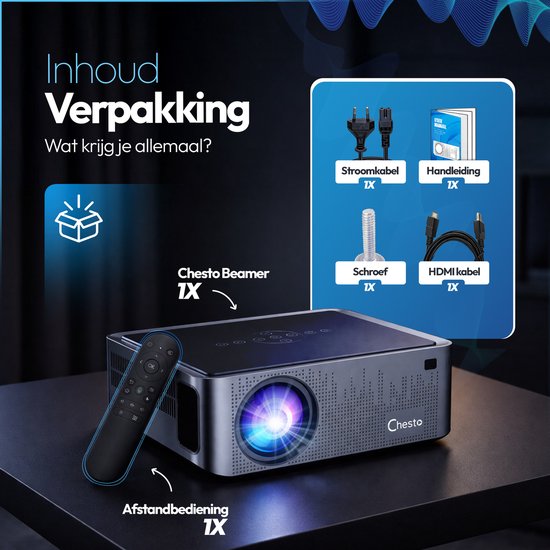Inhoud verpakking Chesto beamer: beamer, afstandsbediening, stroomkabel, schroef, handleiding, HDMI-kabel.