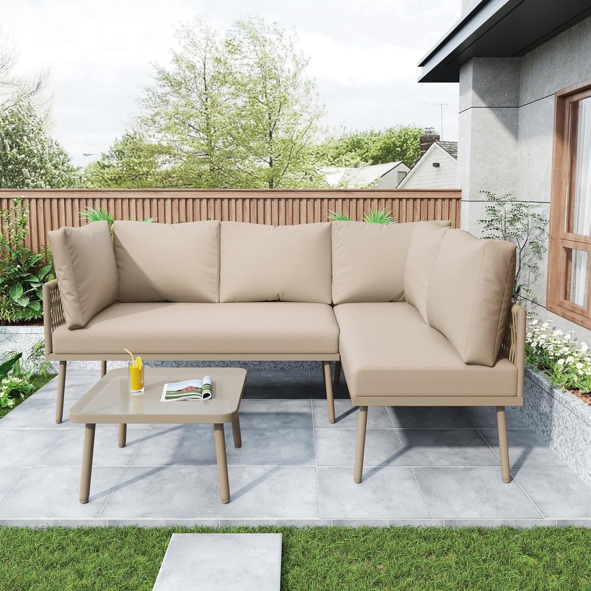 Loungeset Hoekbank 4-Delig 120x60x72 cm – L-vormige Tuinset met Tafel, IJzeren Frame, Glasplaat & Dikke Kussens – Khaki – Laura
