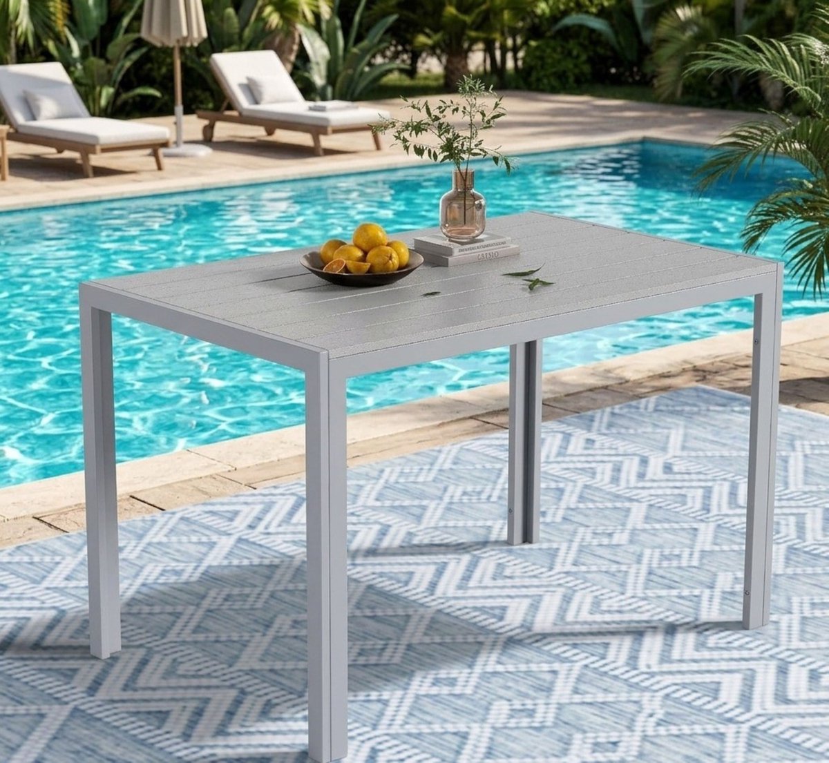 Tuintafel 110x70 cm – Meuble Paris Aluminium & WPC Balkontafel – Weerbestendige Terrastafel voor 4-6 Personen – Moderne Rechthoekige Outdoor Eettafel – Antislip – Volledig Grijs