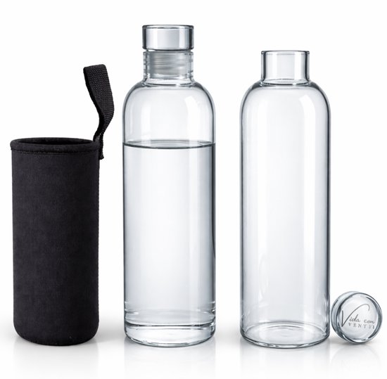 Vida Con Ventji® - Drinkfles - 2 stuks - Glazen fles - 500ML - Glazen dop - Duurzaam - Lekvrij