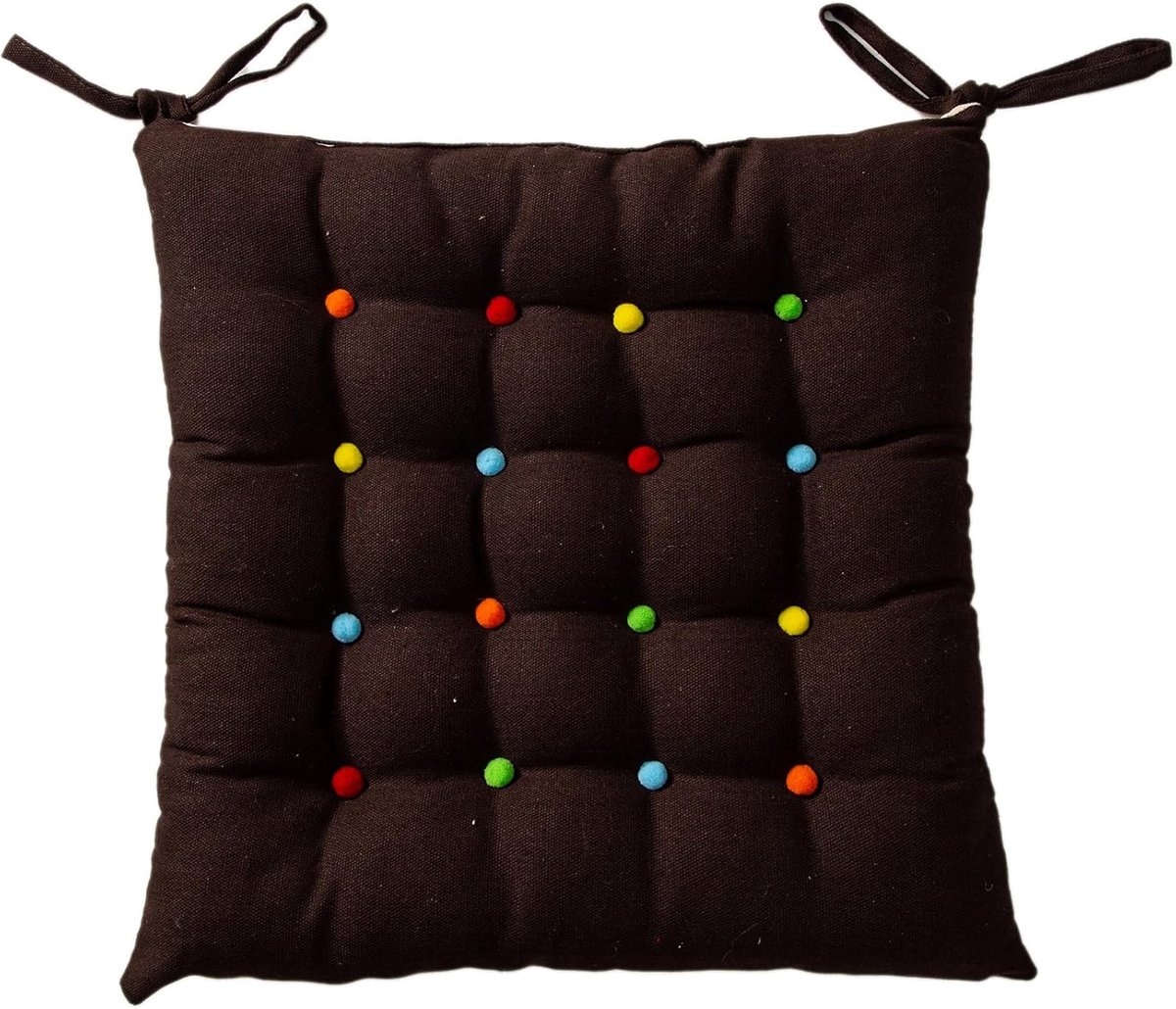 Katoenen linnen stoelkussen, vierkant, met strikjes, kleurrijke pompons, antislip zitkussen voor eetkamer- en keukenstoelen (bruin, 1 stuk)