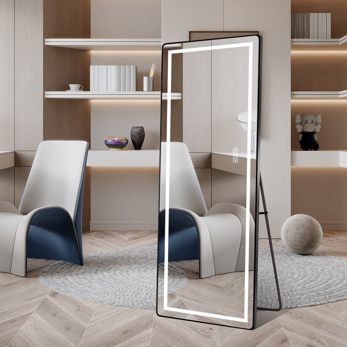 VVBV Passpiegel 163x54 cm - LED-Verlichting, Dimbaar, Wandmontage - Zwart/Wit - Voor Badkamer